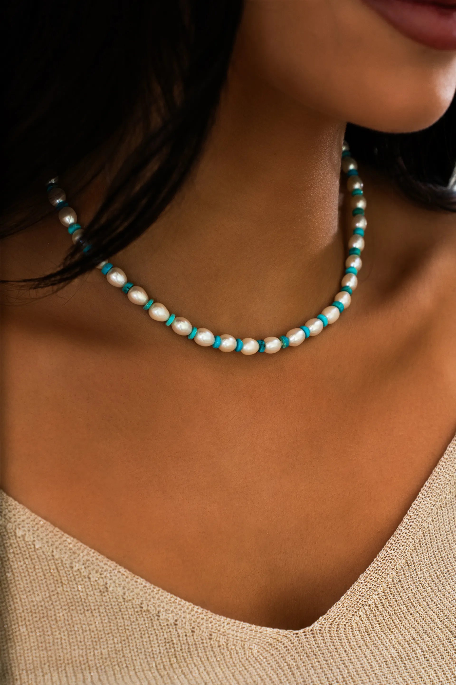 Pearl &amp; Rondelles Semi Precious Stones Necklace
